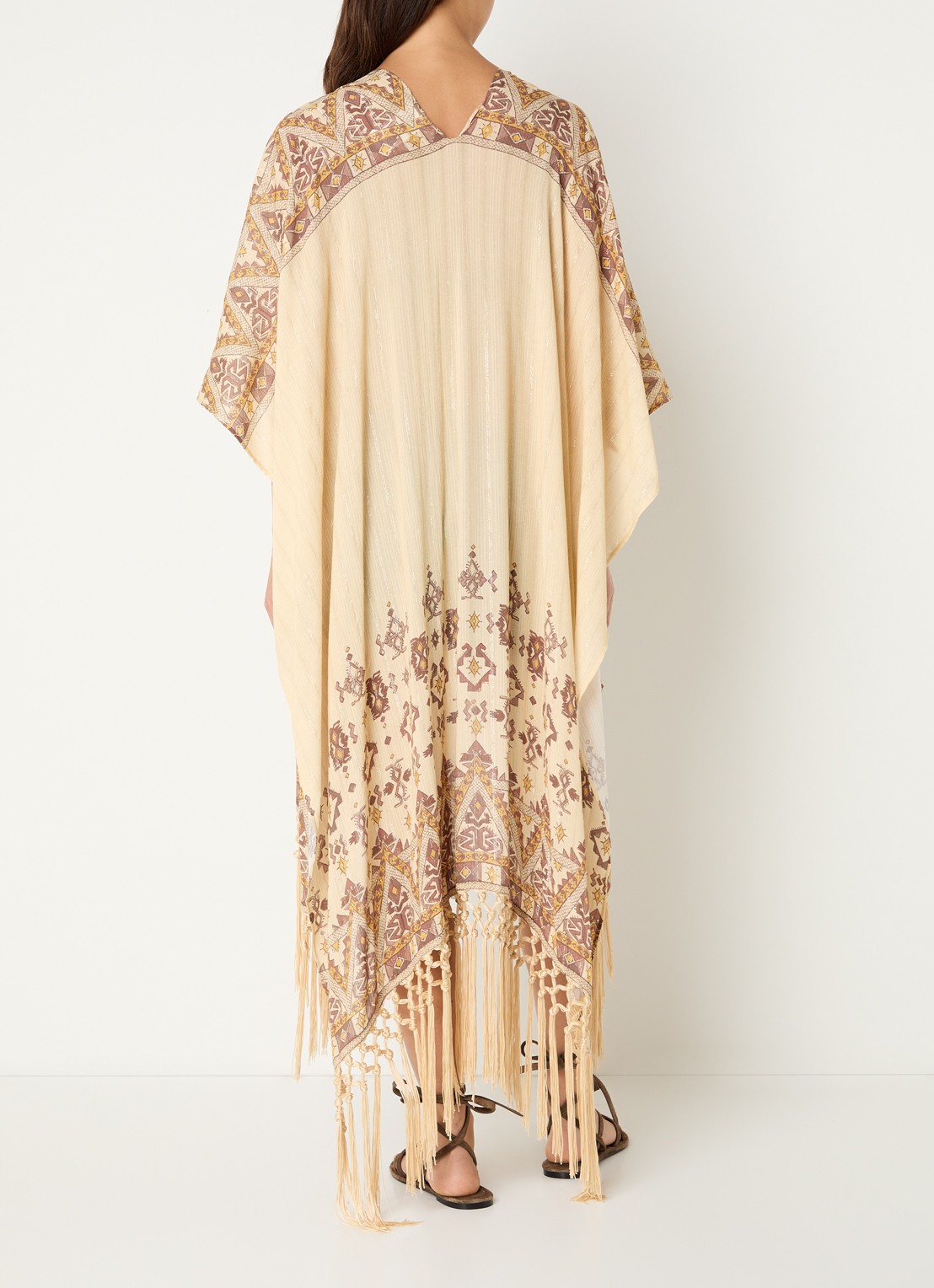 ba&sh Zelma poncho met grafische print en lurex  - achterkant 4 lichtgeel