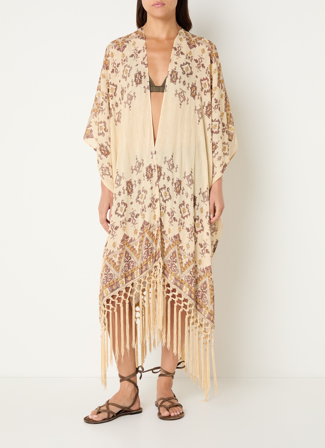 ba&sh Zelma poncho met grafische print en lurex  - detail 3 lichtgeel