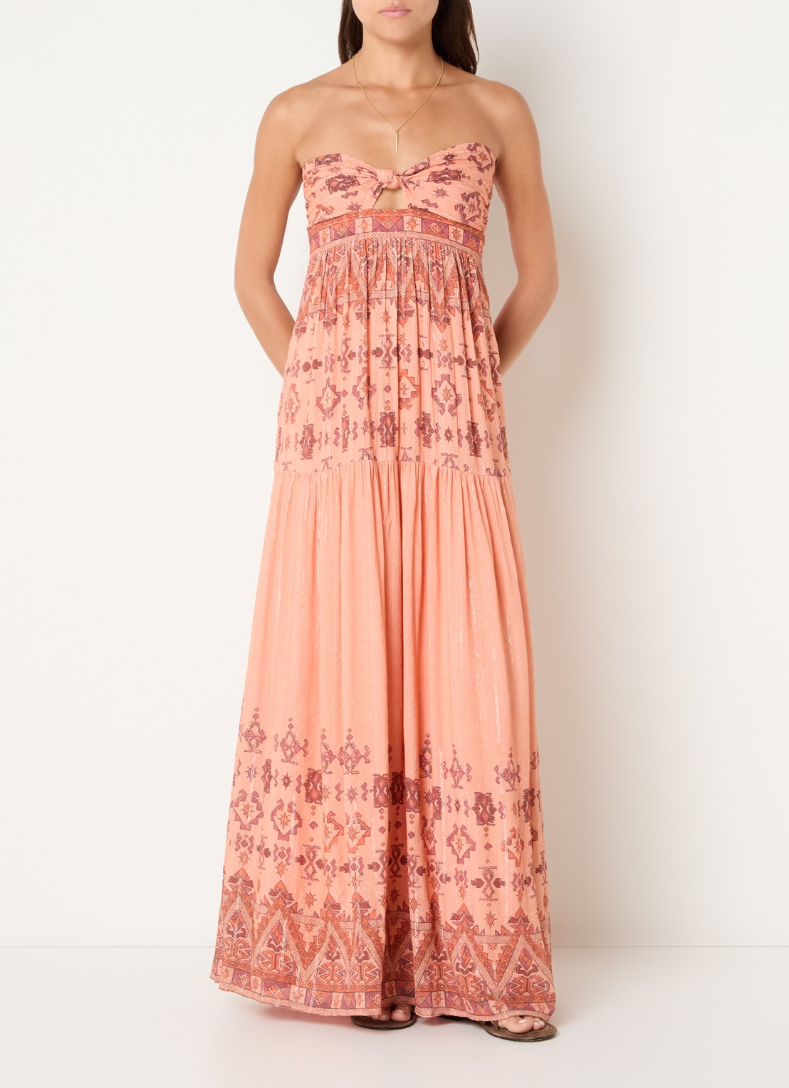ba&sh Zema maxi jurk met lurex en print - detail 2 abrikoos