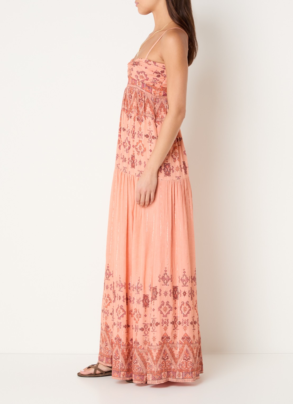 ba&sh Zema maxi jurk met lurex en print - voorkant 4 abrikoos