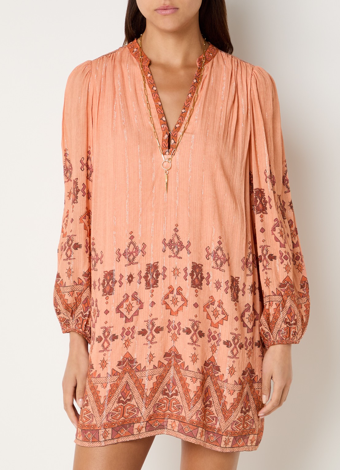 ba&sh Zola semi-transparante mini tuniekjurk met print - detail 4 oranje