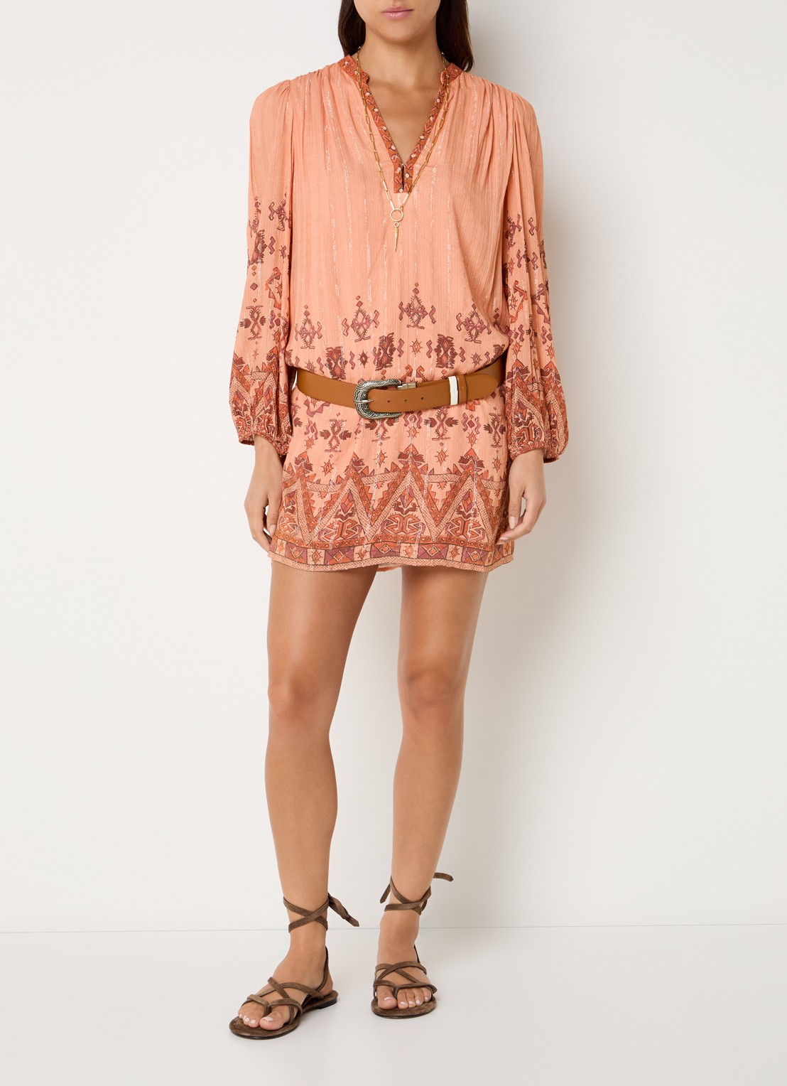 ba&sh Zola semi-transparante mini tuniekjurk met print - voorkant 2 oranje