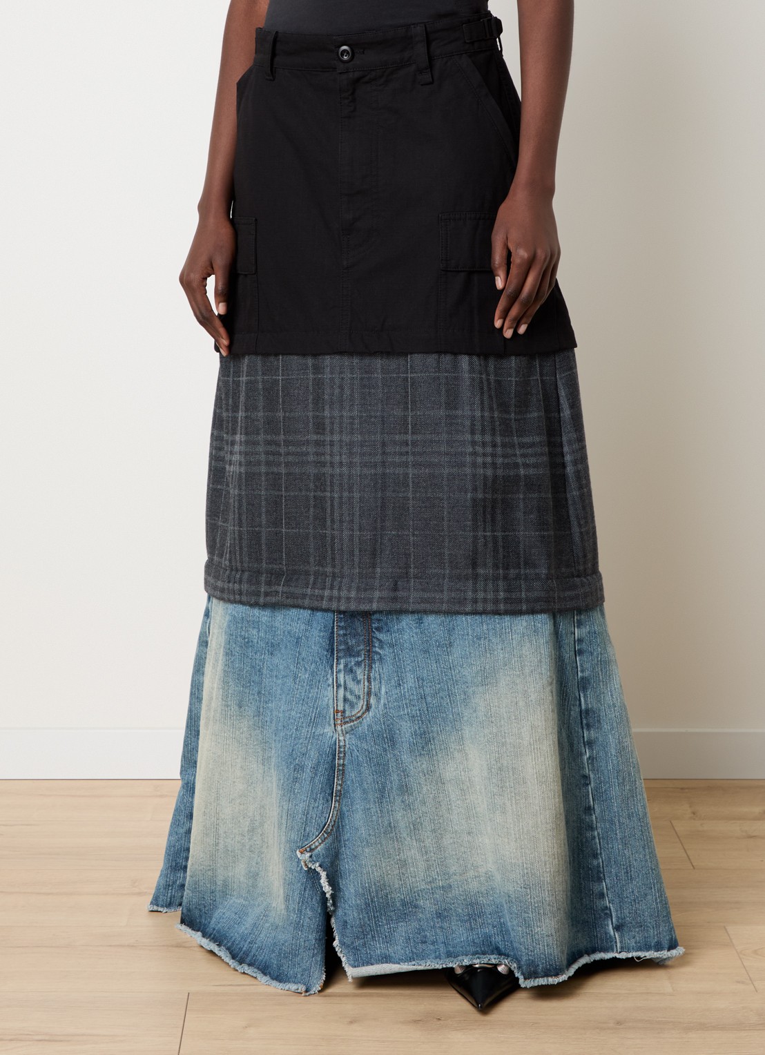 Balenciaga 3-in-1 maxi rok in wolblend met details van denim - detail 5 zwart