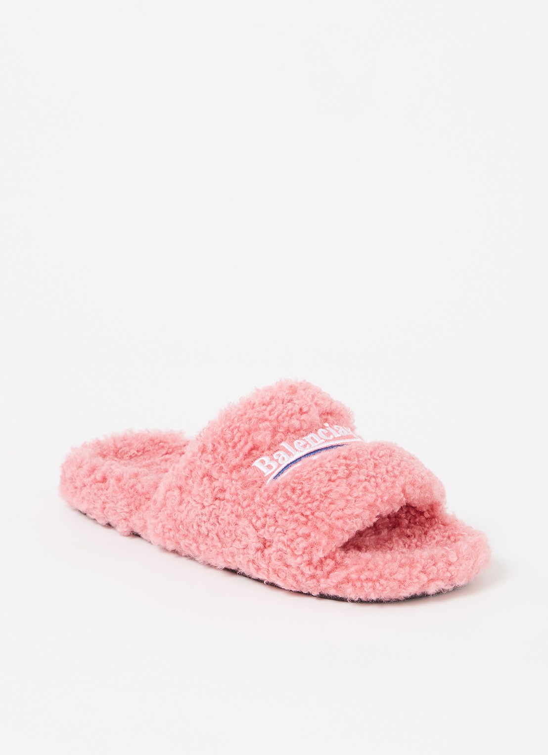Balenciaga Furry slipper van teddy met logo - voorkant roze