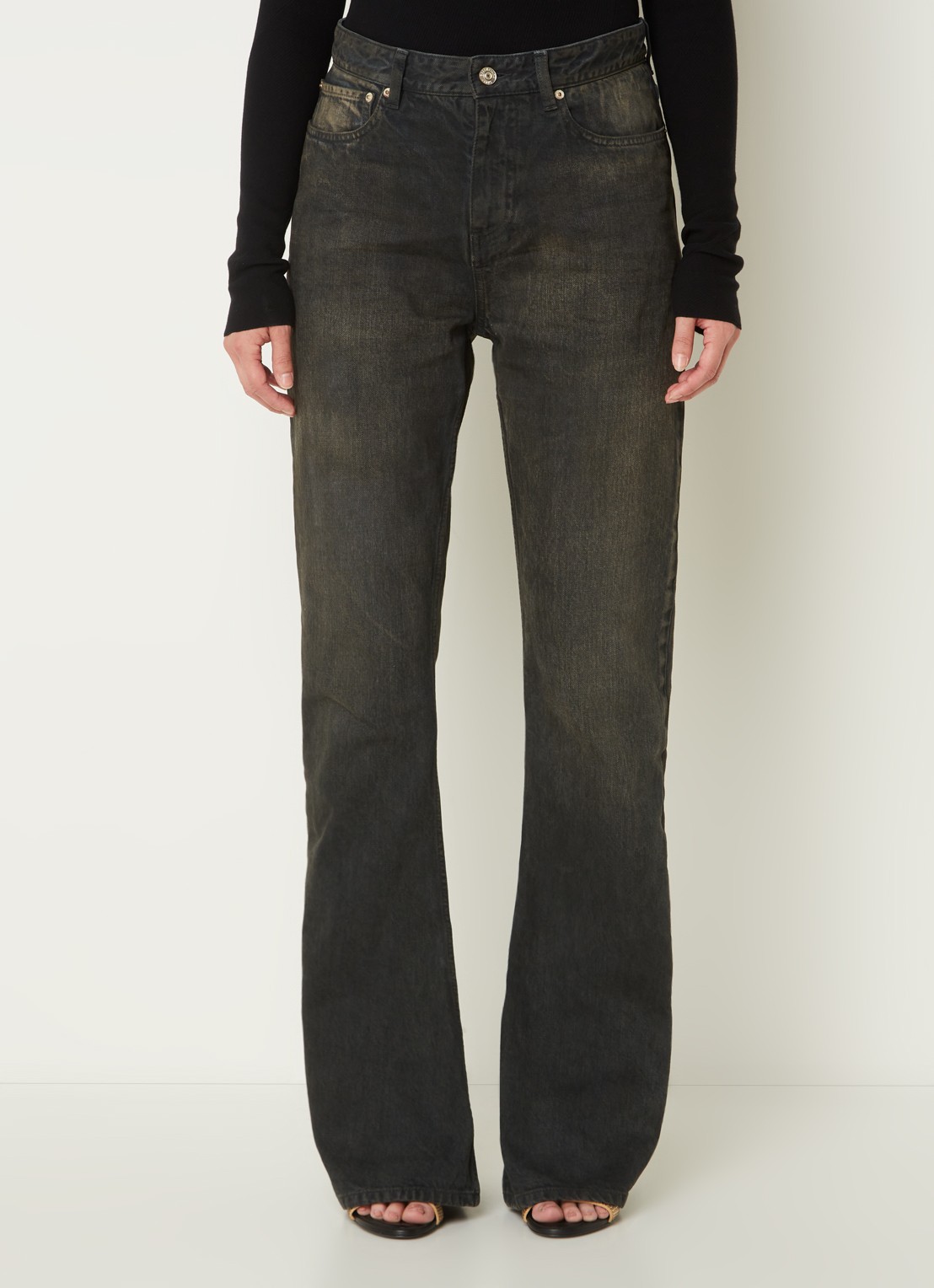 Balenciaga High waist bootcut jeans met verwassen afwerking - detail donkerbruin