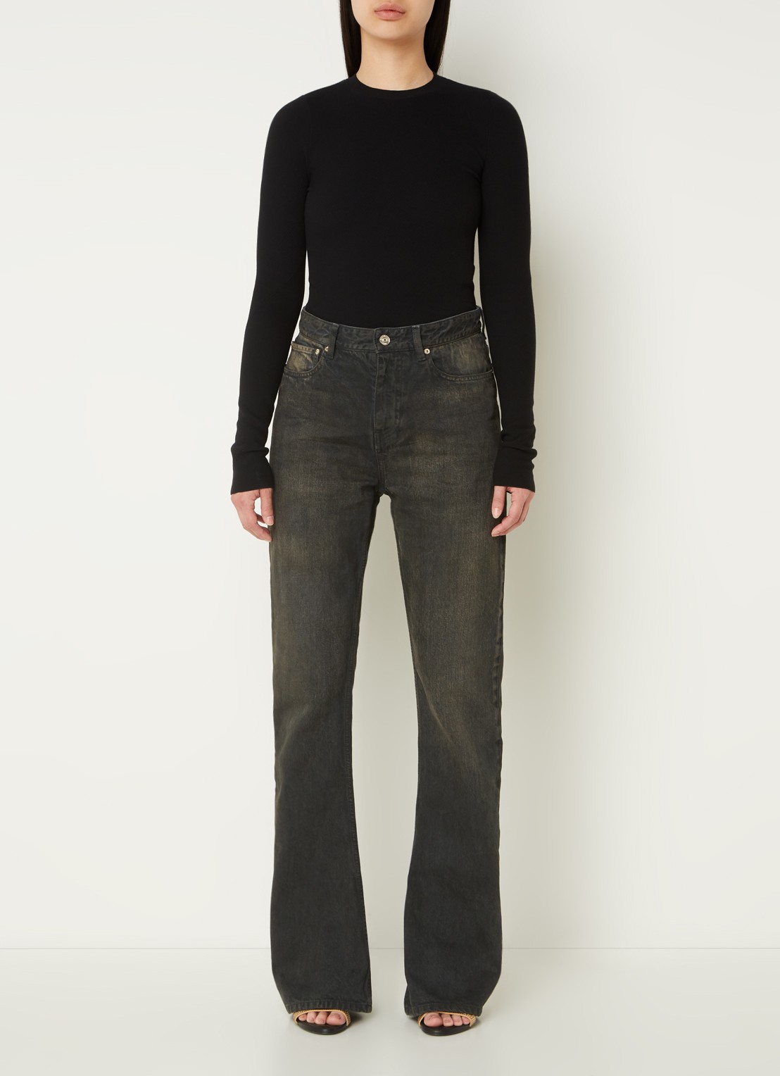 Balenciaga High waist bootcut jeans met verwassen afwerking - voorkant 5 donkerbruin