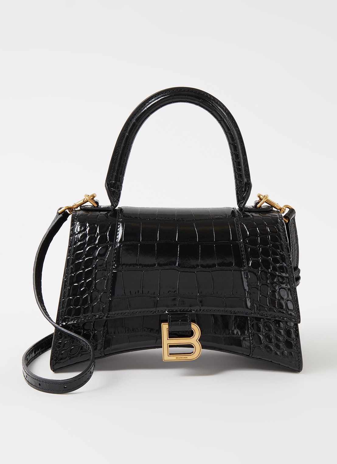 Balenciaga Hourglass S handtas van kalfsleer met crocostructuur - voorkant 5 zwart