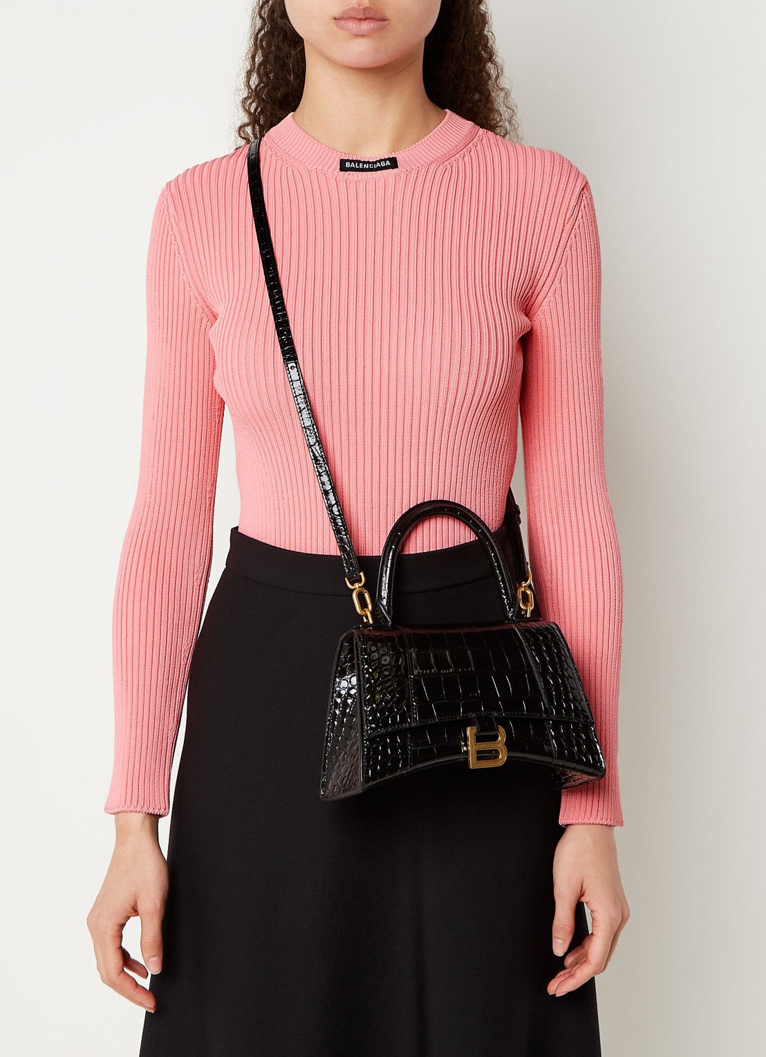 Balenciaga Hourglass S handtas van kalfsleer met crocostructuur - voorkant 6 zwart