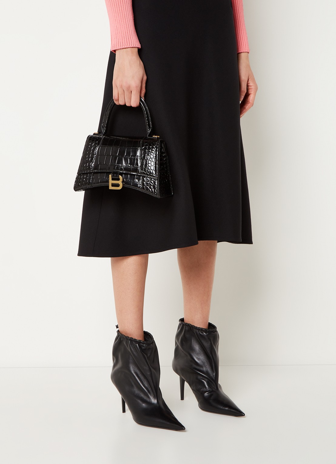 Balenciaga Hourglass S handtas van kalfsleer met crocostructuur - voorkant 7 zwart