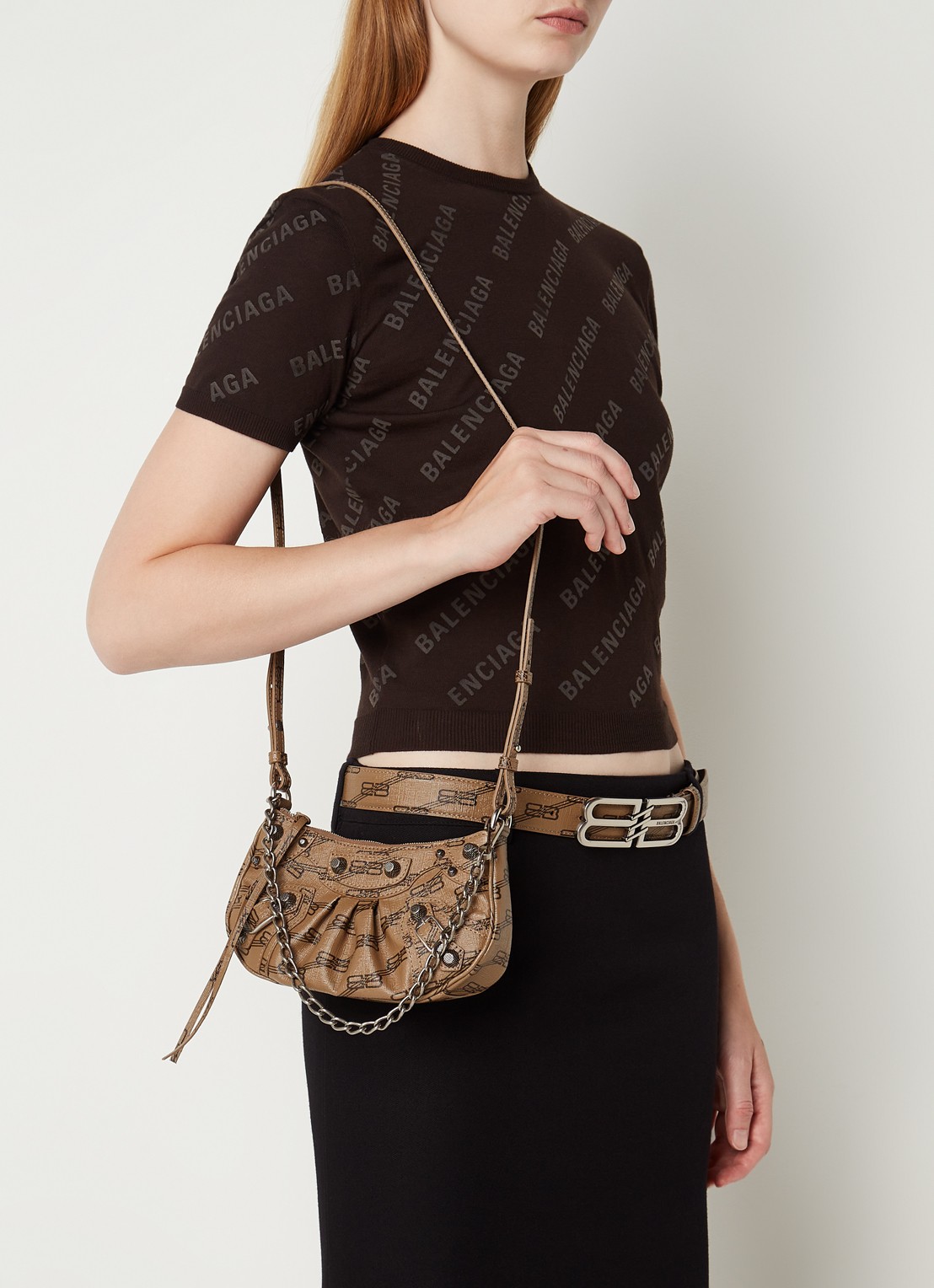 Balenciaga Le Cagole Mini schoudertas van lamsleer met studs - voorkant 3 lichtbruin