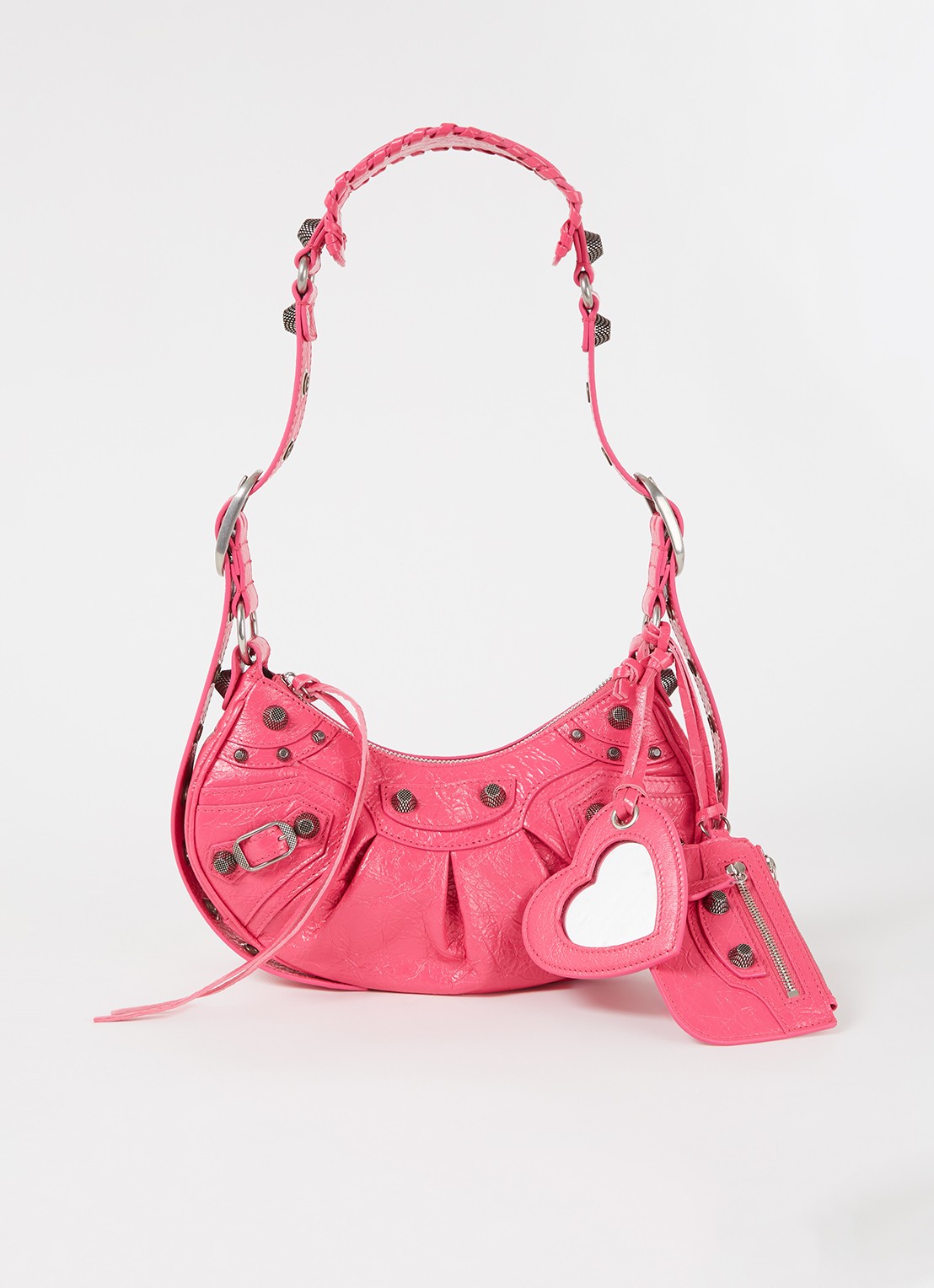 Balenciaga Le Cagole XS schoudertas van lamsleer met studs - voorkant donkerroze