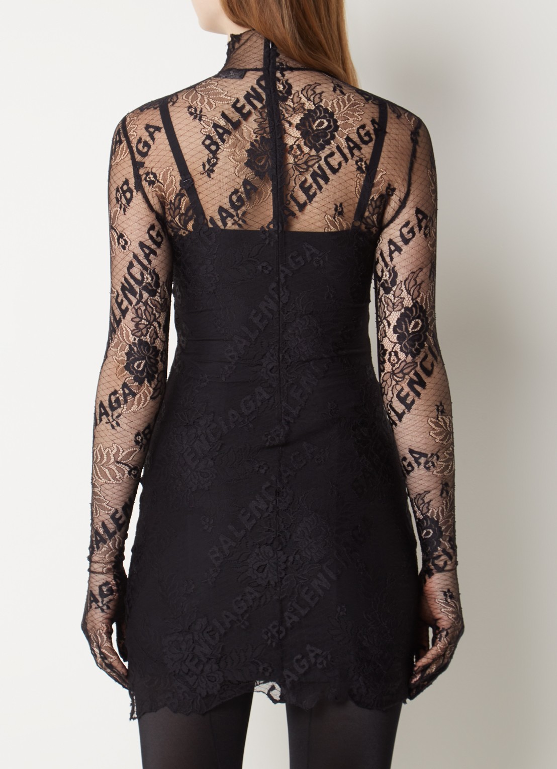 Balenciaga Mini jurk van kant met logoprint - achterkant zwart