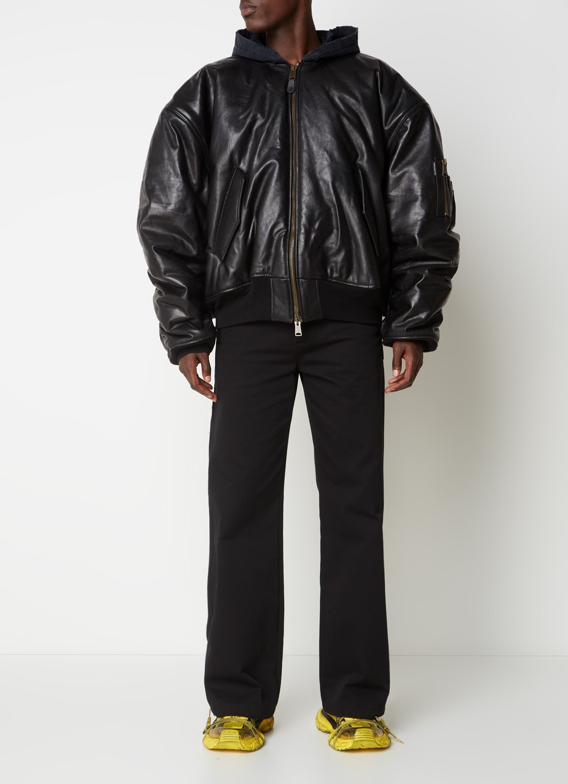 Balenciaga Oversized bomberjack van leer met capuchon - voorkant 3 zwart