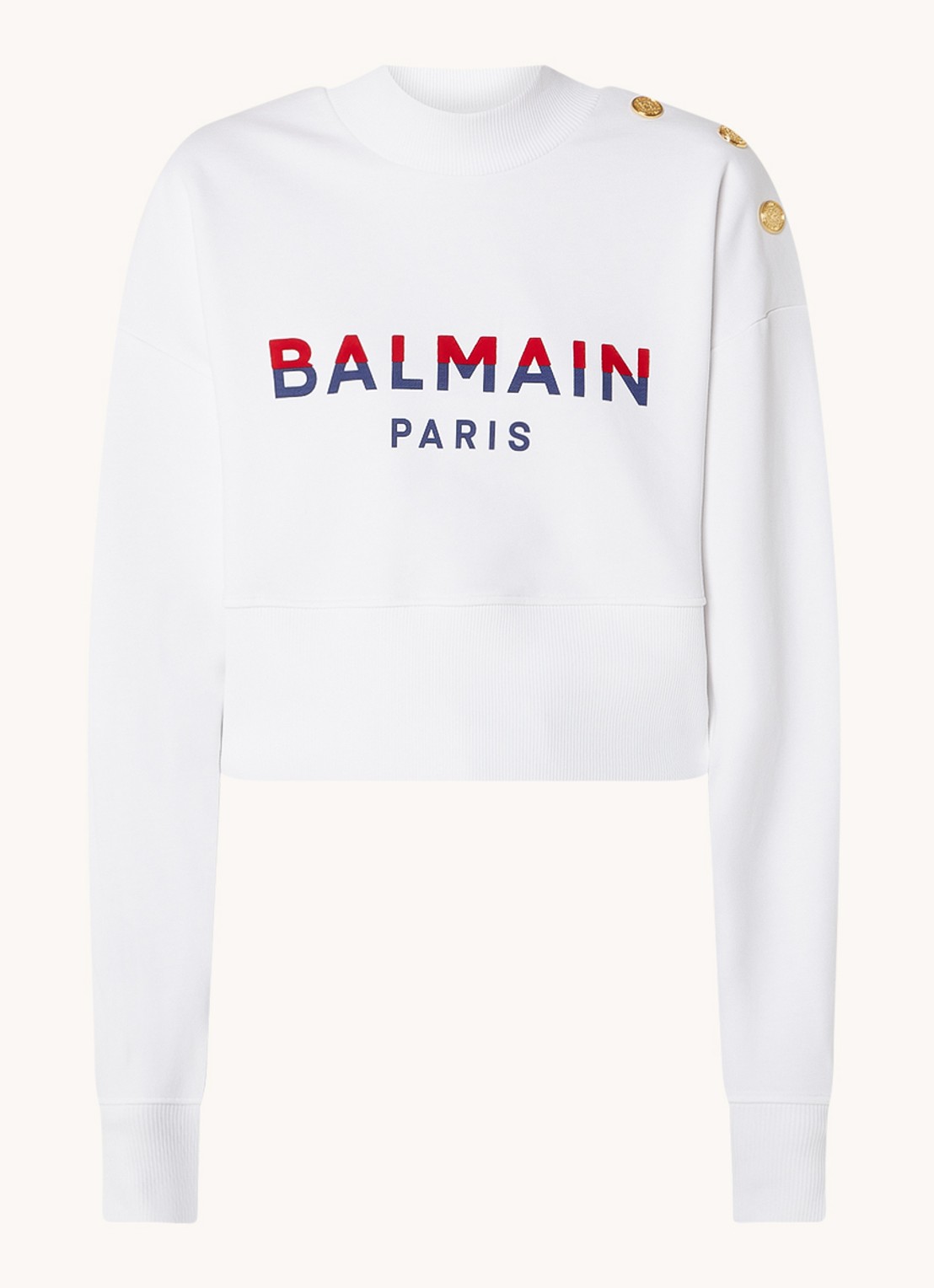 Balmain Cropped sweater met logo flockprint en sierknopen - voorkant 2 wit