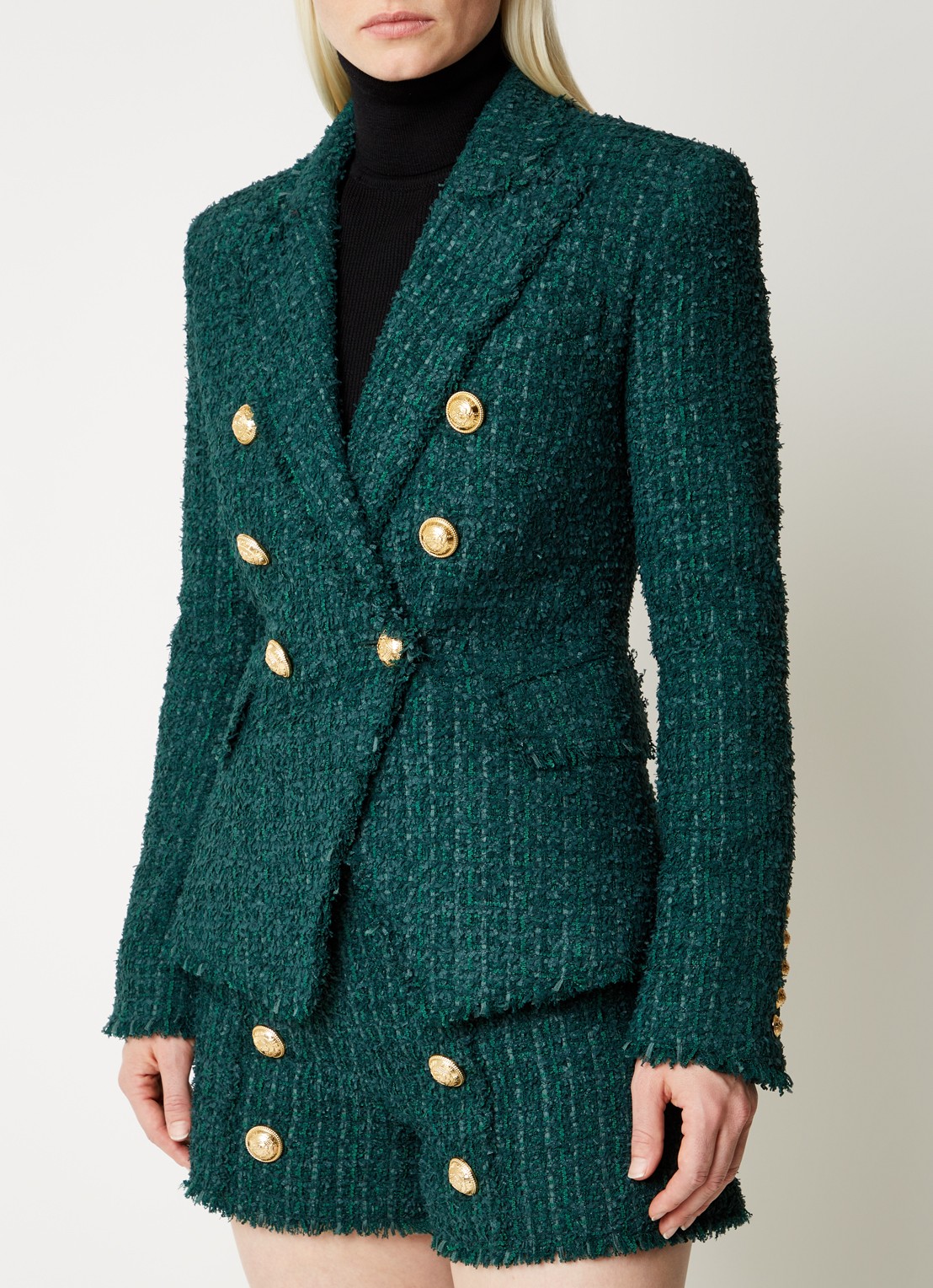 Balmain Double-breasted blazer van tweed en sierknopen - detail bronsgroen