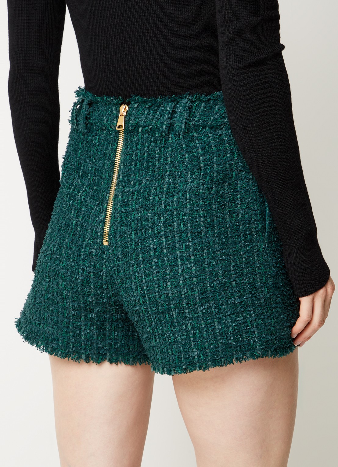 Balmain High waist straight fit korte broek van tweed - achterkant donkergroen