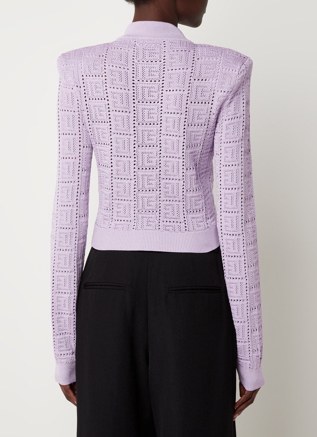 Balmain Kabelgebreid cropped vest met opengewerkt dessin - achterkant lavendel