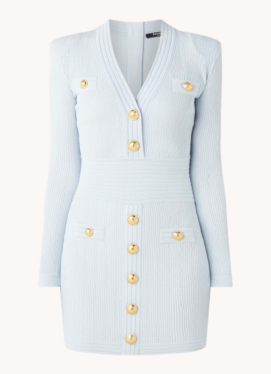 Balmain Mini jurk met ribstructuur en sierknopen - voorkant 2 lichtblauw