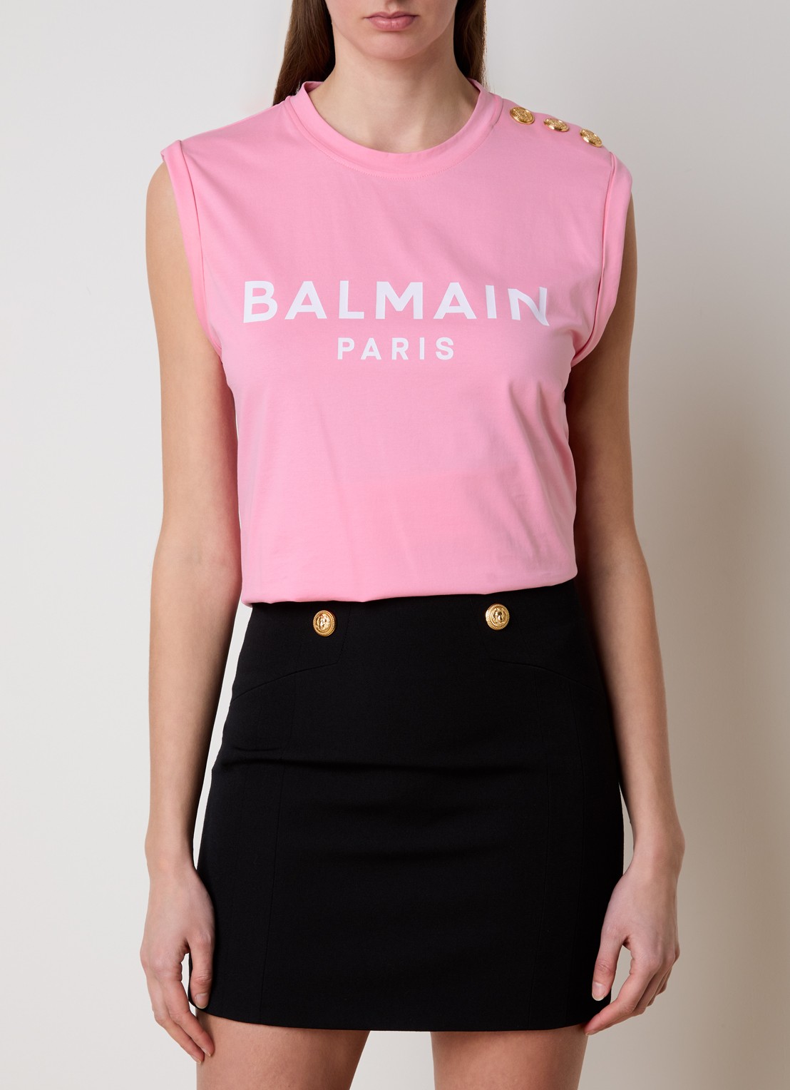 Balmain Mouwloze top met sierknopen en logoprint - detail 4 roze
