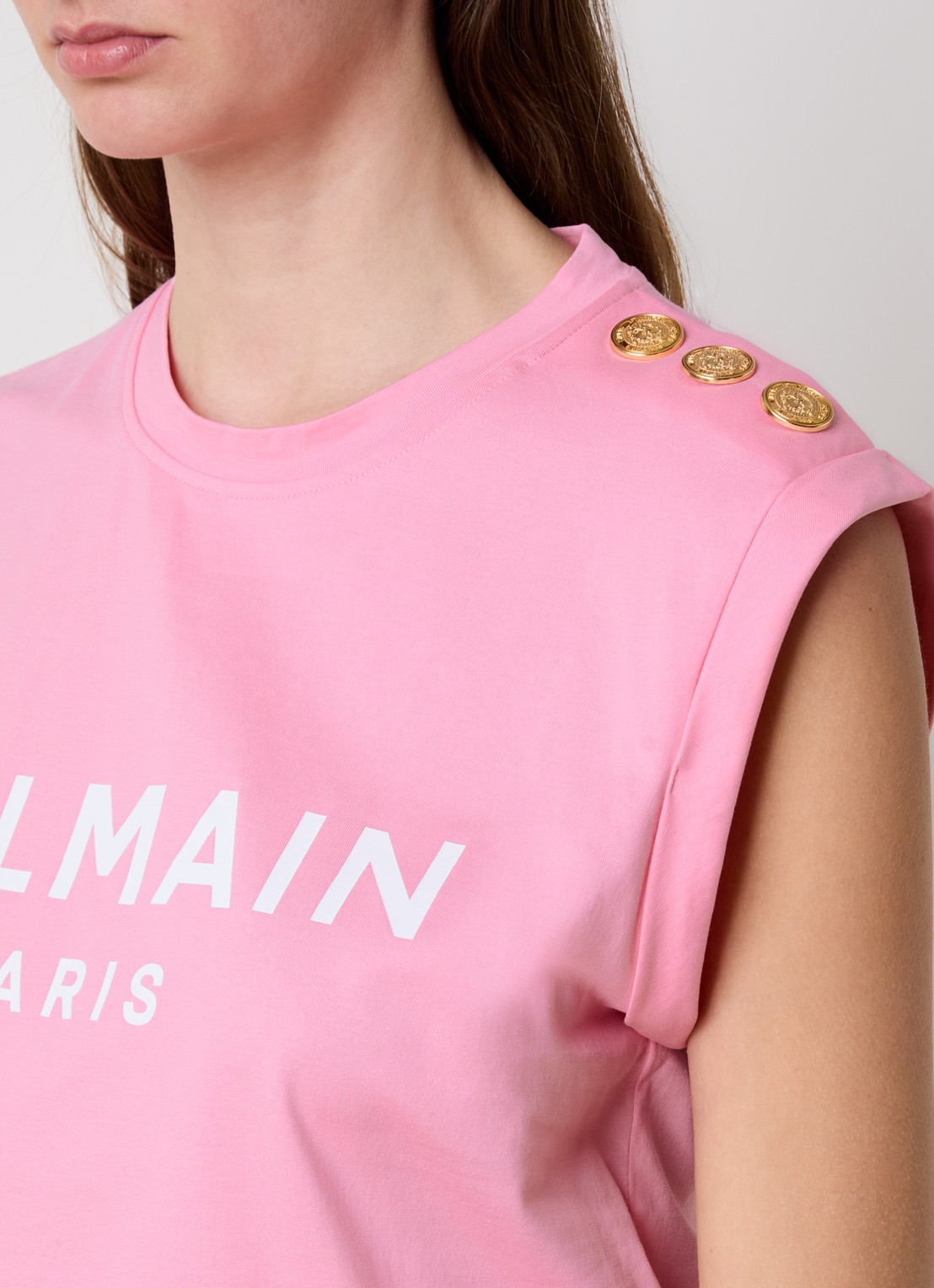 Balmain Mouwloze top met sierknopen en logoprint - detail 5 roze
