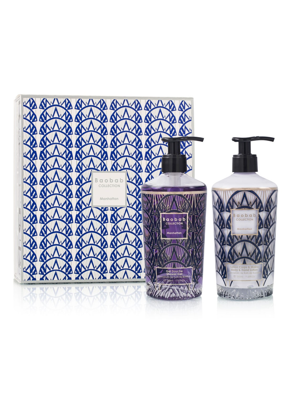 Baobab Collection Manhattan bodylotion- & showergel - verzorgingsset - voorkant blauw