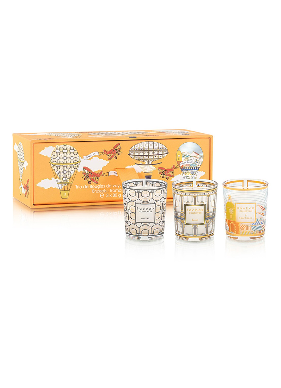 Baobab Collection Trio Travel geurkaarsen set van 3 - voorkant oranje