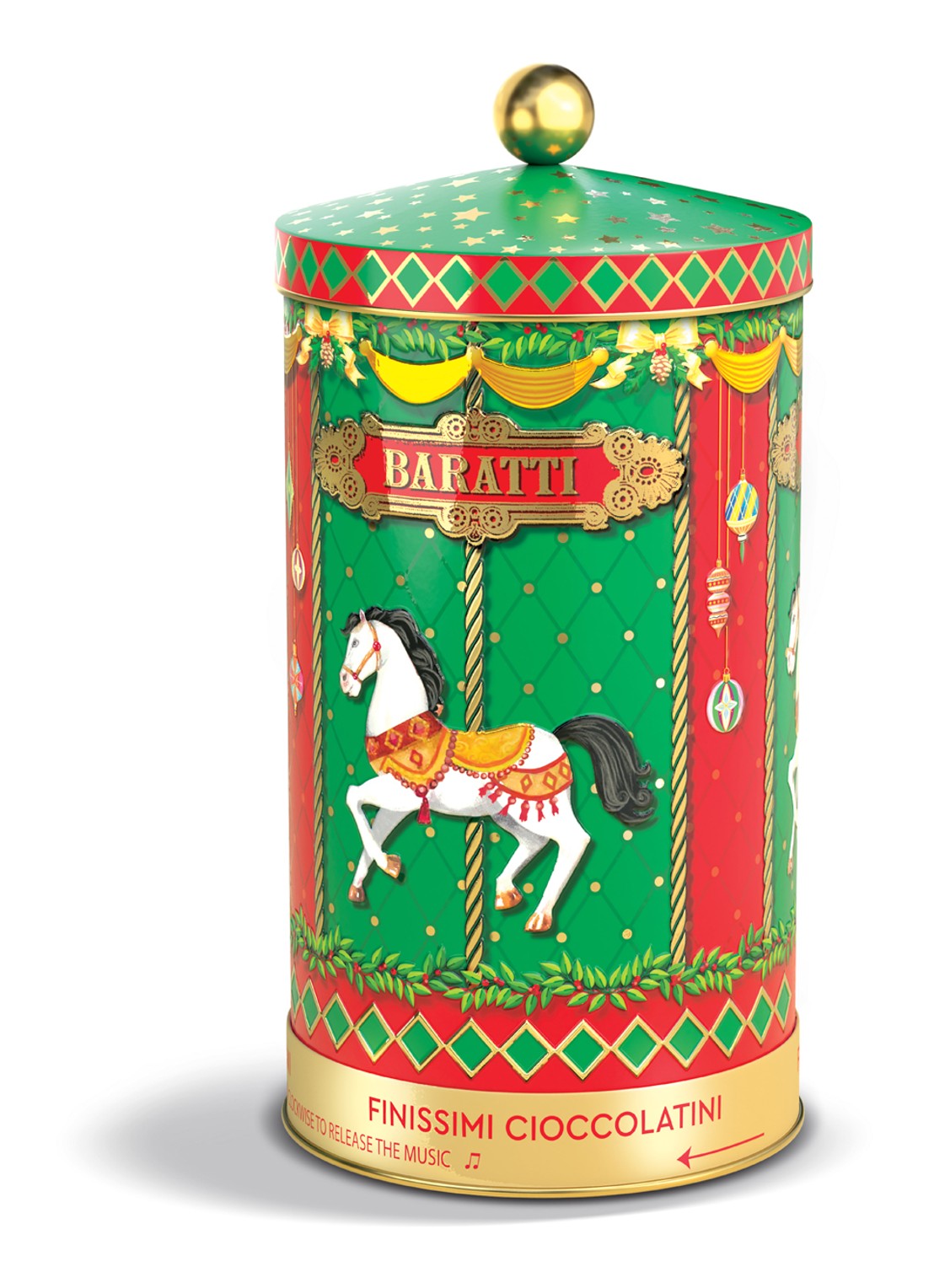 Baratti & Milano  Kerstcarrousel chocolade pralines in blik 160 gram - voorkant rood