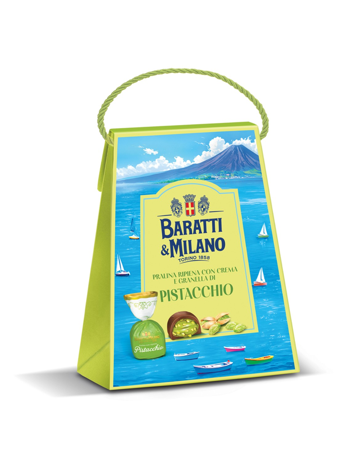 Baratti & Milano Pistache chocolade pralines in geschenkverpakking 150 gram - voorkant beige