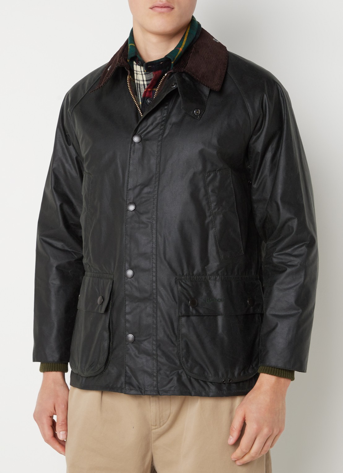 Barbour Bedale jack met opgestikte zakken en kraag van corduroy  - detail 4 bronsgroen