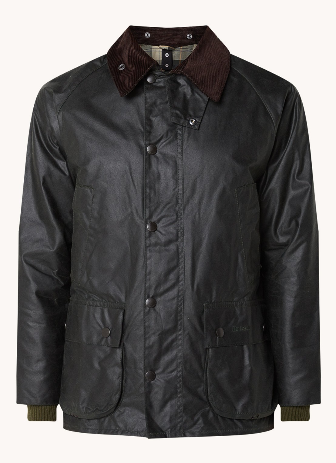 Barbour Bedale jack met opgestikte zakken en kraag van corduroy  - voorkant bronsgroen