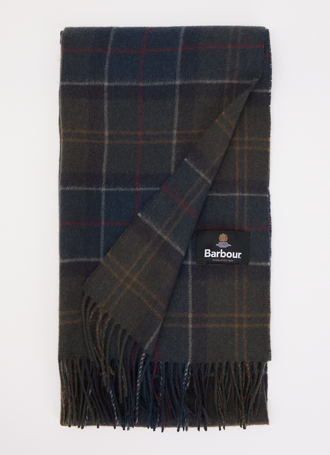 Barbour Braden tartan sjaal van schapenwol met ruitdessin 50 x 190 cm  - voorkant donkergroen