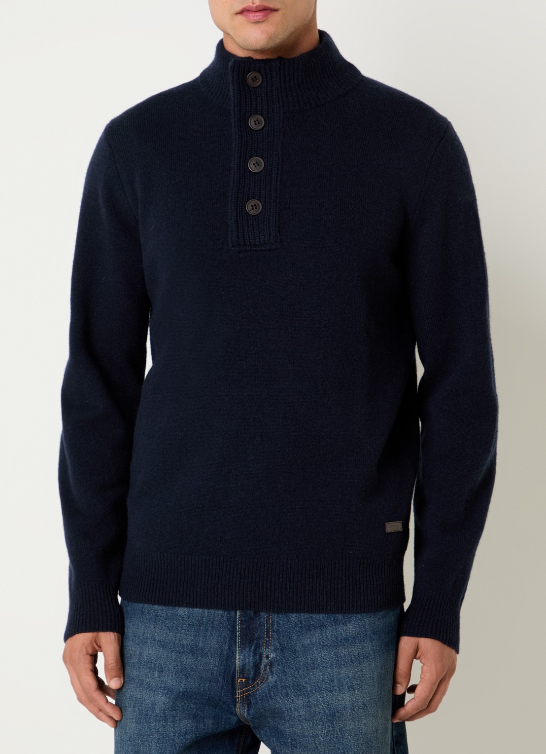Barbour Essential fijngebreide trui van wol met halve rits - detail 3 donkerblauw