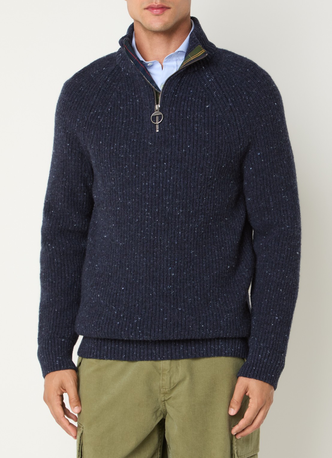 Barbour Essentials grofgebreide trui in wolblend - detail 3 donkerblauw