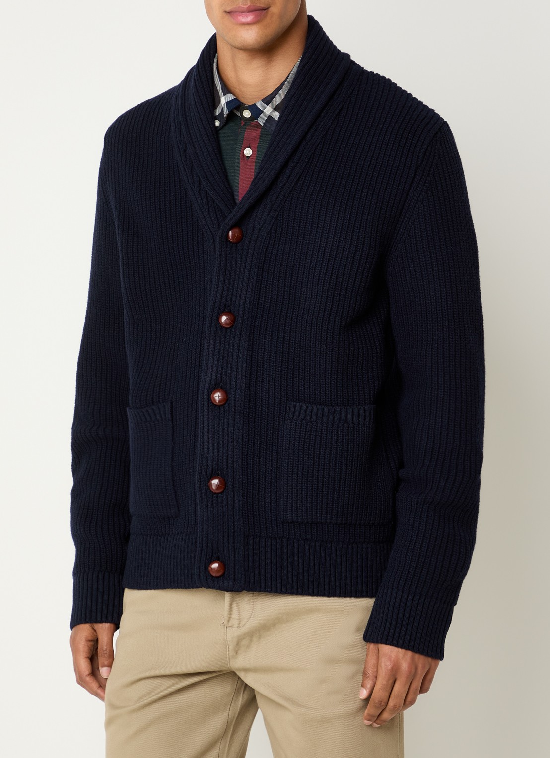 Barbour Grofgebreid vest met opgestikte zakken - detail donkerblauw