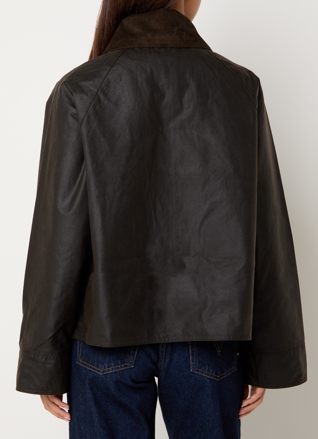 Barbour Icons Modern Spey A-lijn barn jack met klepzakken - achterkant donkerbruin