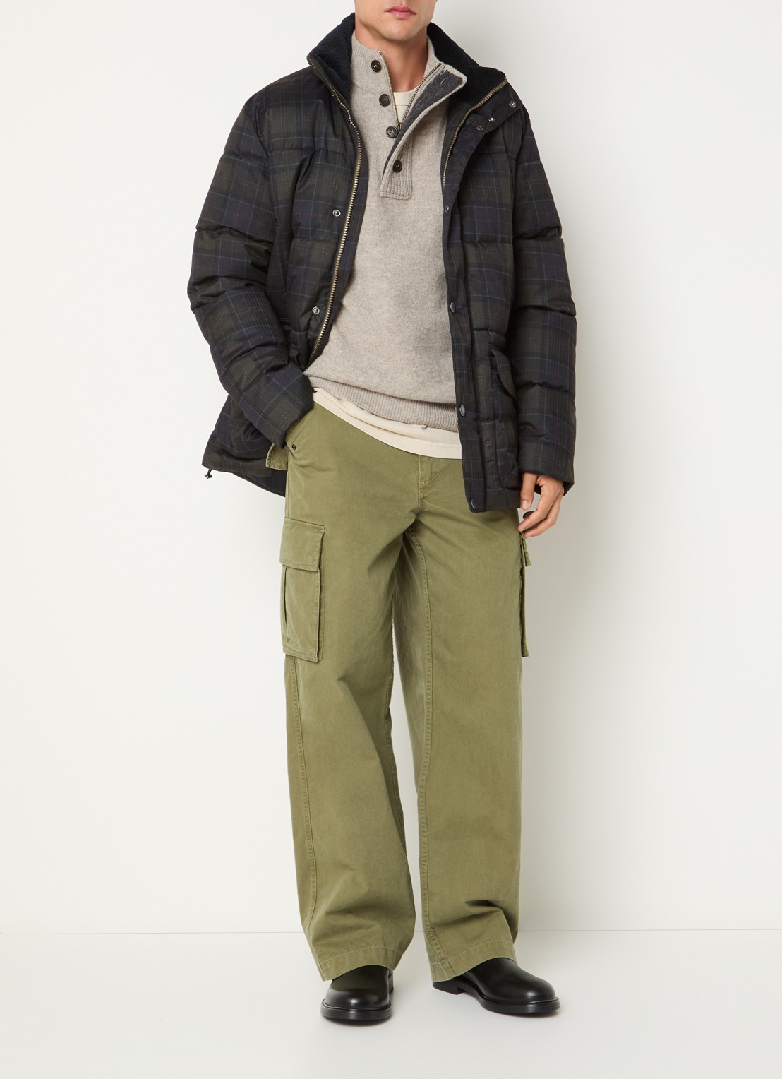 Barbour Lonnen pufferjack met ruitdessin en klepzakken - voorkant 3 donkergroen
