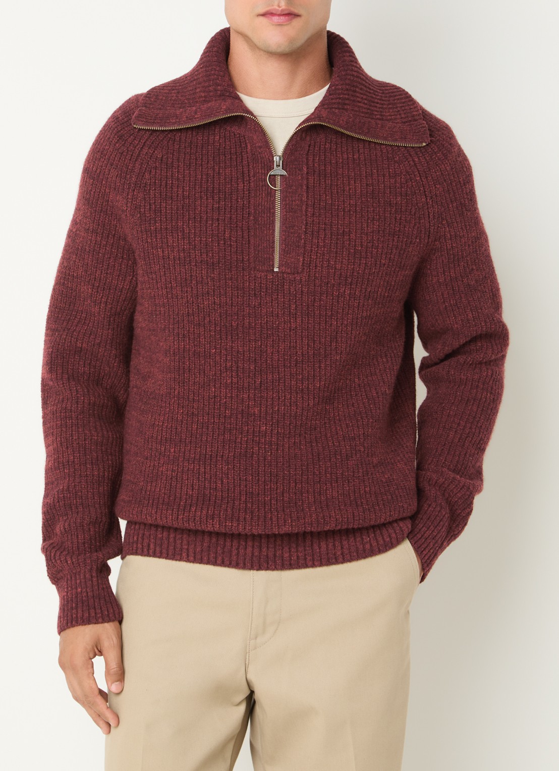 Barbour Riggbay grofgebreide trui van wol met halve rits - detail donkerrood