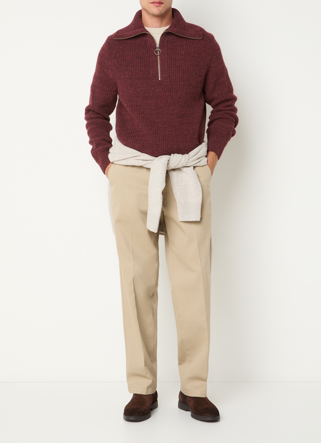 Barbour Riggbay grofgebreide trui van wol met halve rits - voorkant 3 donkerrood