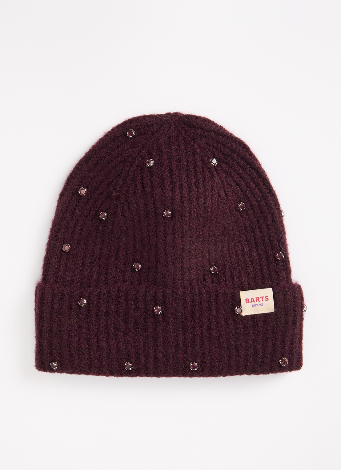 Barts Alenya ribgebreide muts met strass - voorkant aubergine