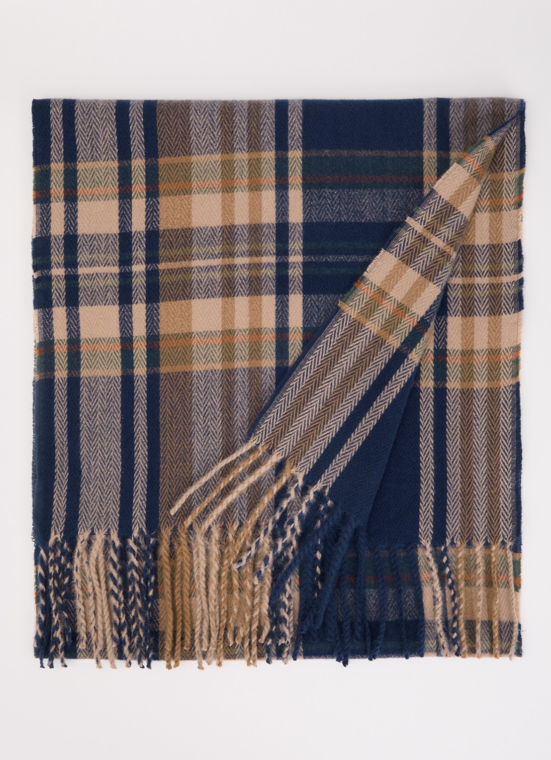 Barts Wallash sjaal met ruitdessin en franjes 190 x 40 cm - voorkant 3 donkerblauw