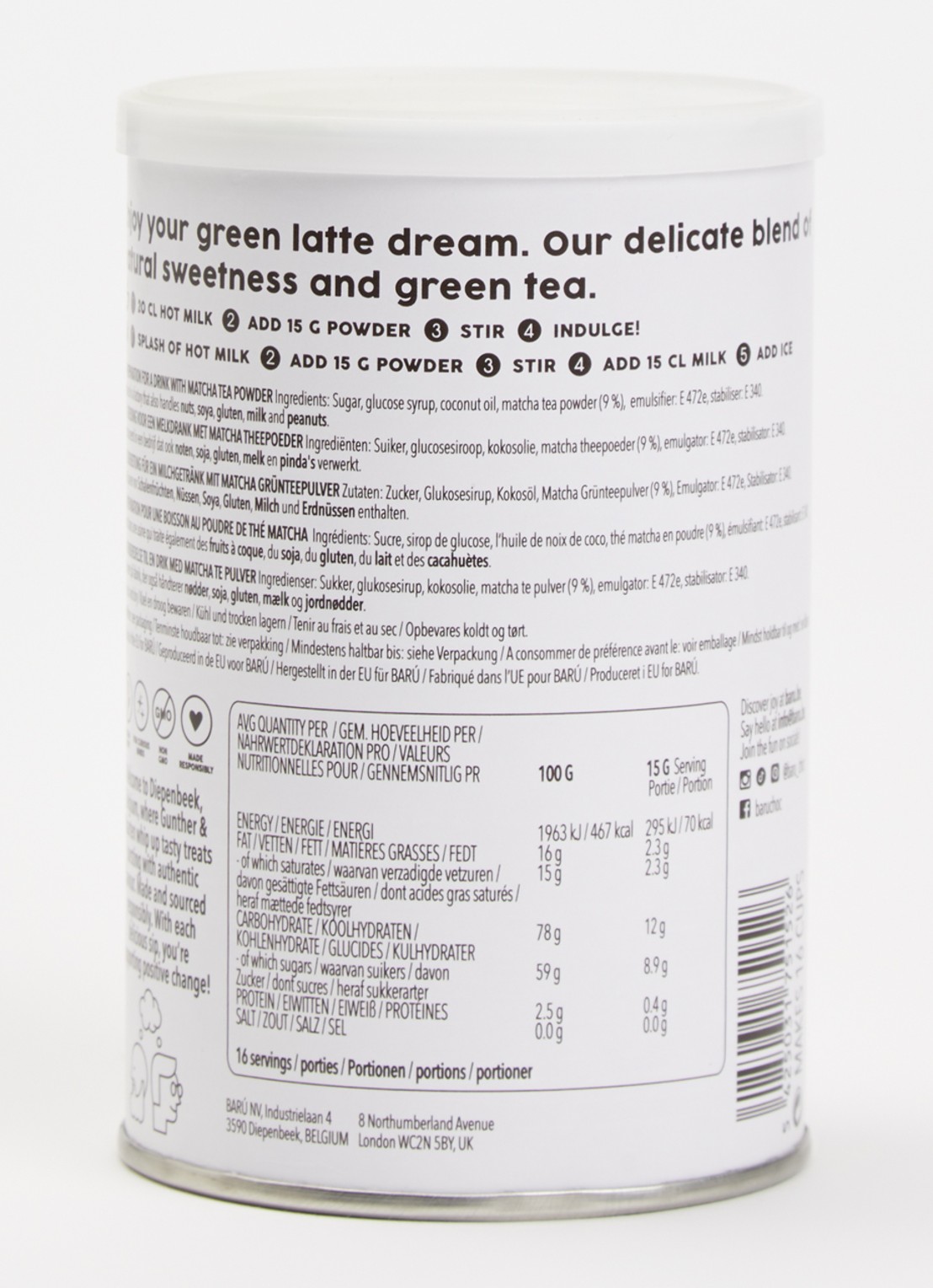 Barú Matcha Latte losse thee 250 gram - achterkant lichtgroen