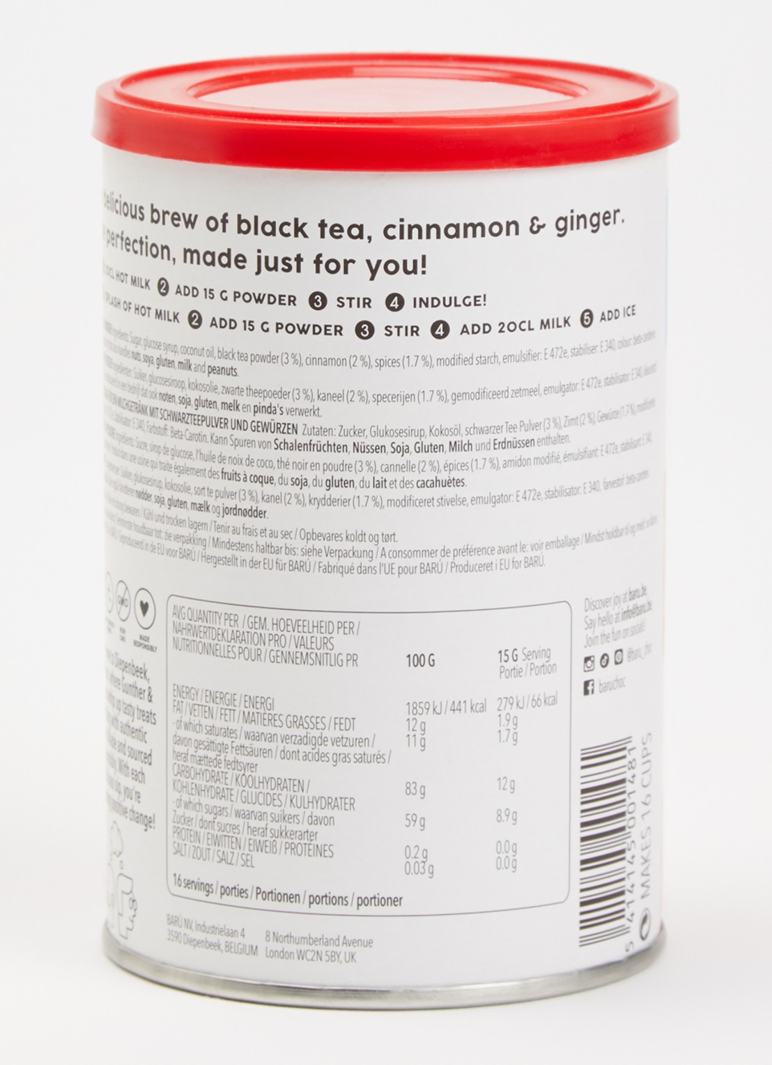 Barú Spiced Chai Latte losse thee 250 gram - achterkant zwart