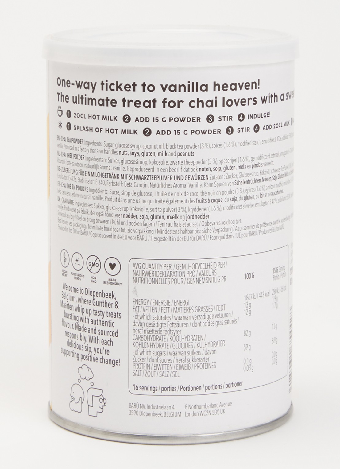 Barú Vanille Chai Latte losse thee 250 gram - voorkant 2 oranje