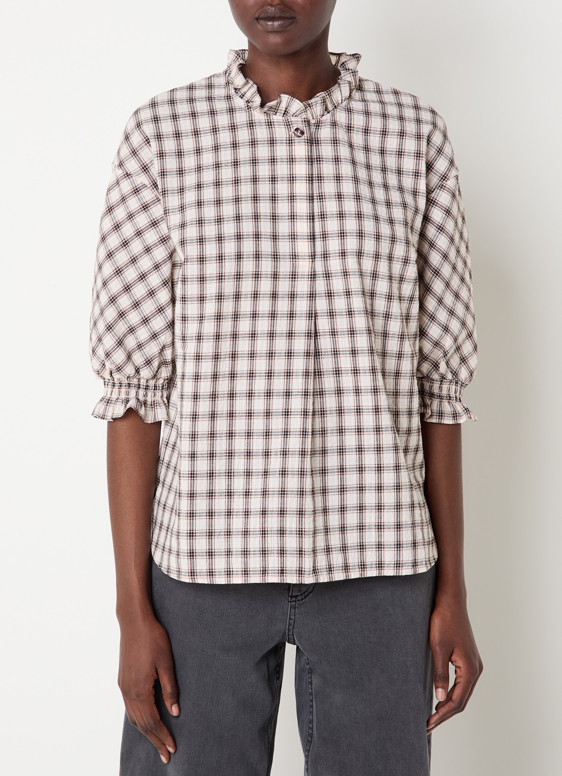 Baum und Pferdgarten Margit blouse met ruitdessin en ruches - detail 4 creme