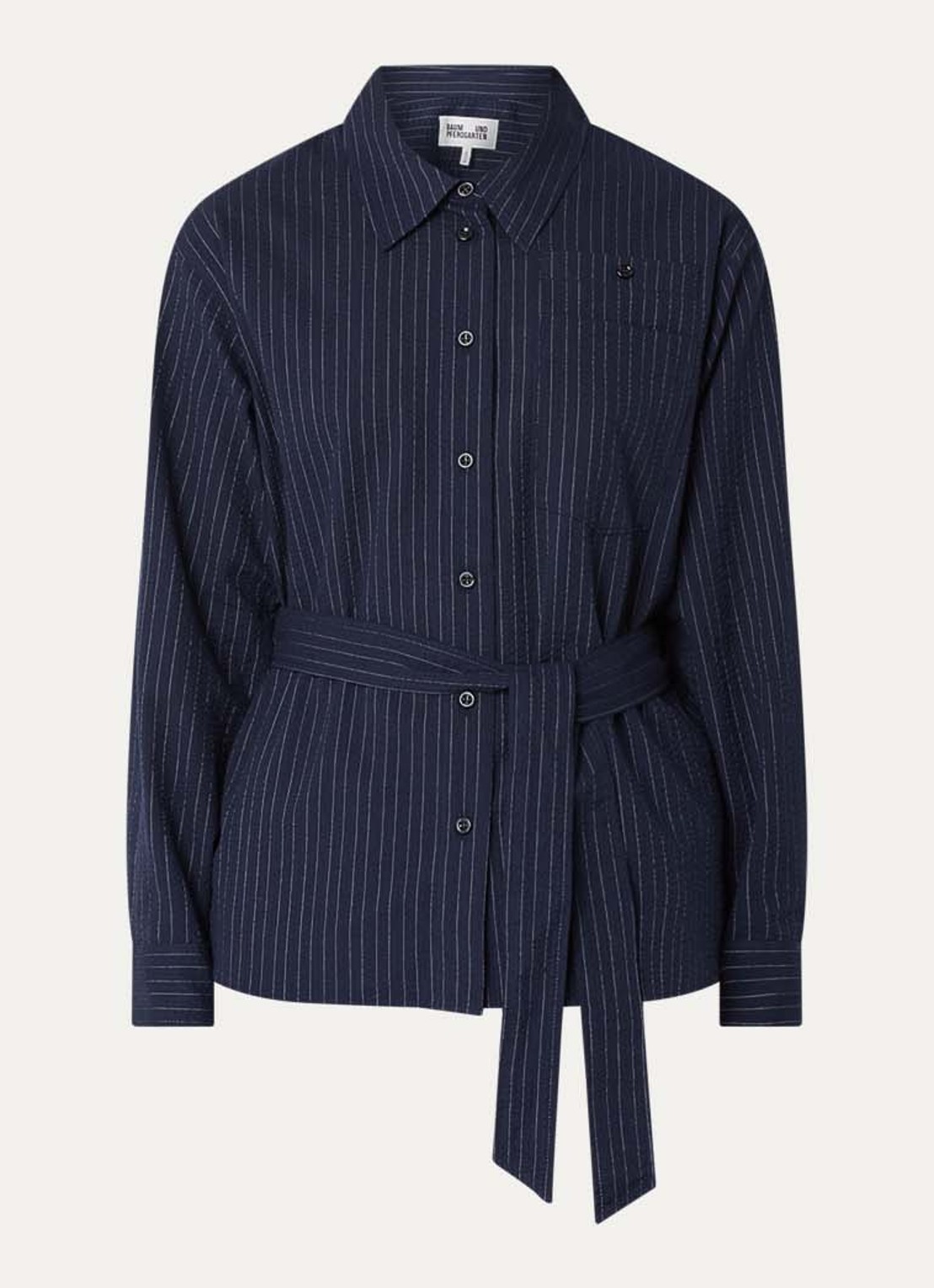 Baum und Pferdgarten Matina blouse met krijtstreep en strikceintuur - voorkant donkerblauw