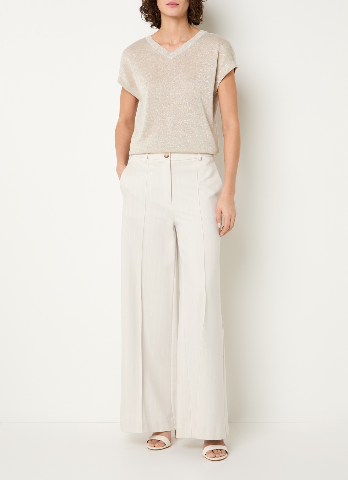 Beaumont Ayle high waist wide fit pantalon met streepprint en steekzakken - voorkant 4 creme