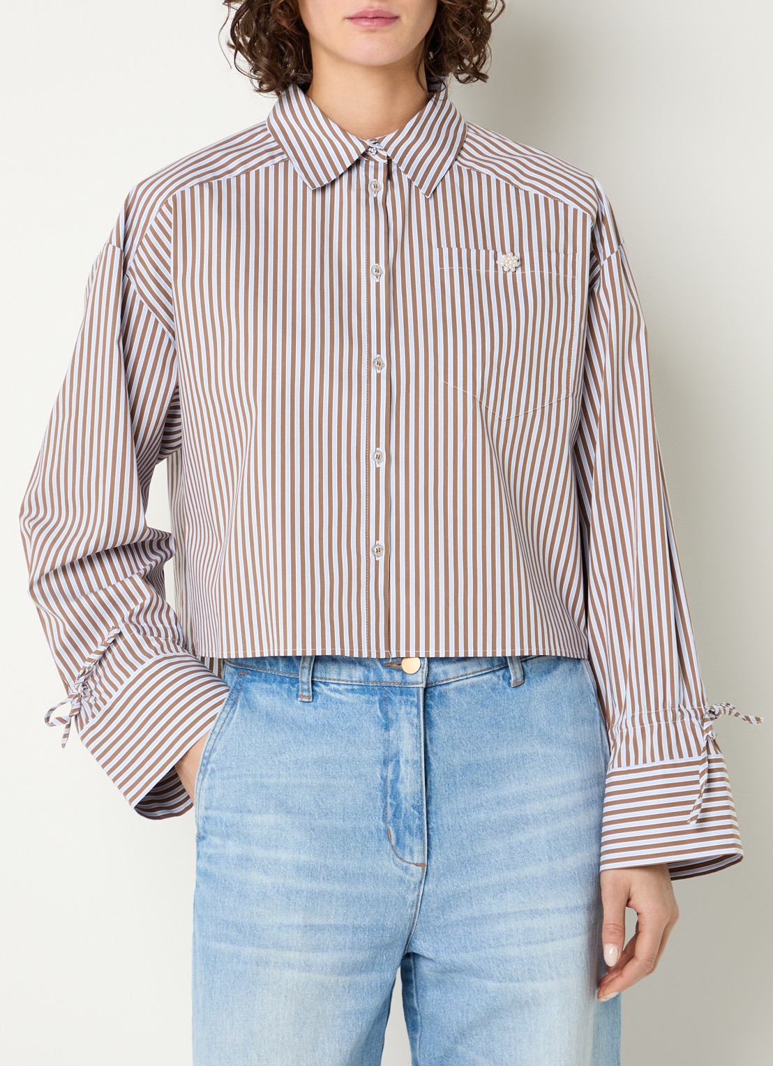 Beaumont Bel blouse met streepprint en borstzak - detail olijfgroen