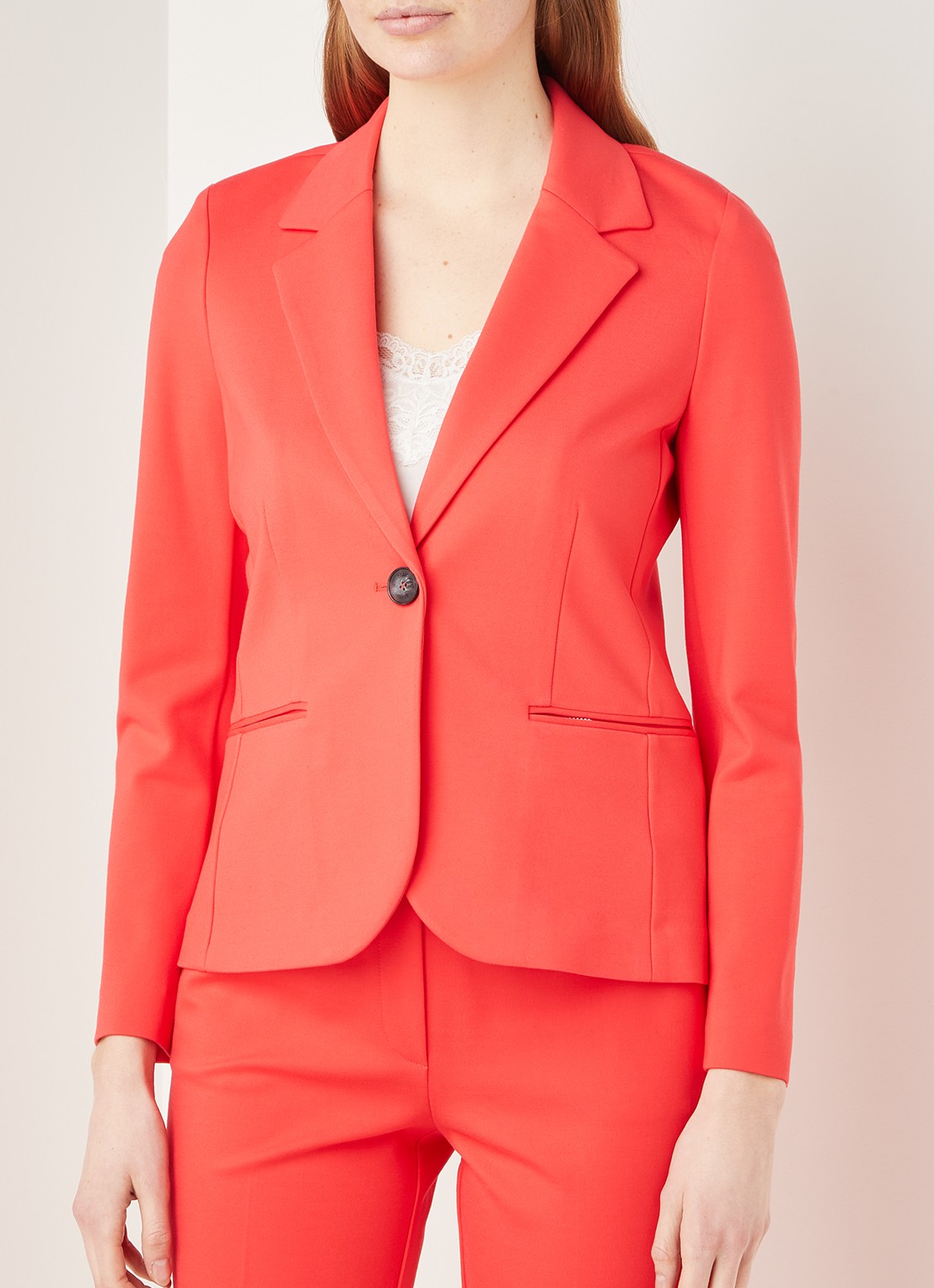 Beaumont Blazer van jersey met klepzakken - detail koraalrood