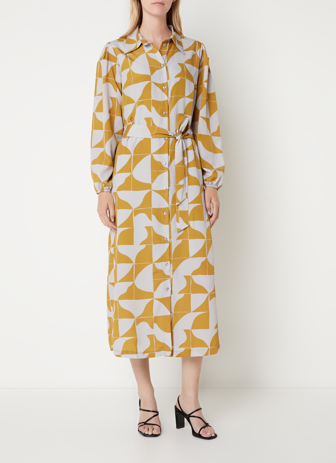 Beaumont Breezy midi blousejurk met strikceintuur en print - detail mosterd