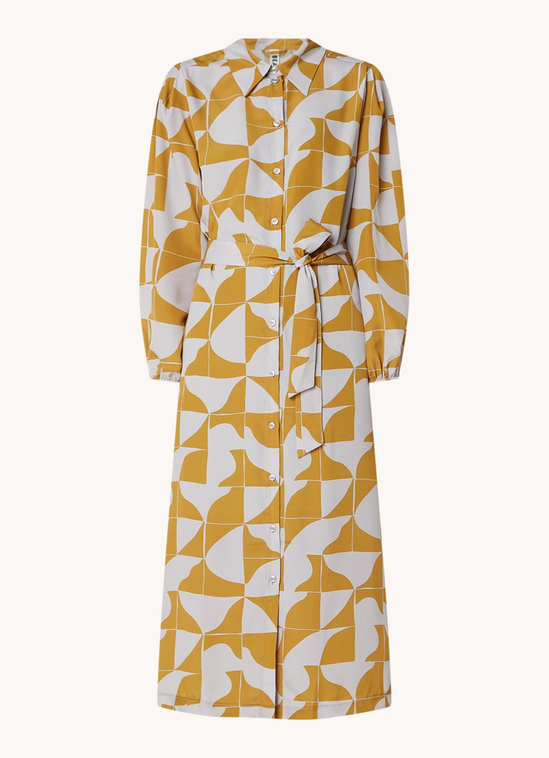 Beaumont Breezy midi blousejurk met strikceintuur en print - voorkant 4 mosterd